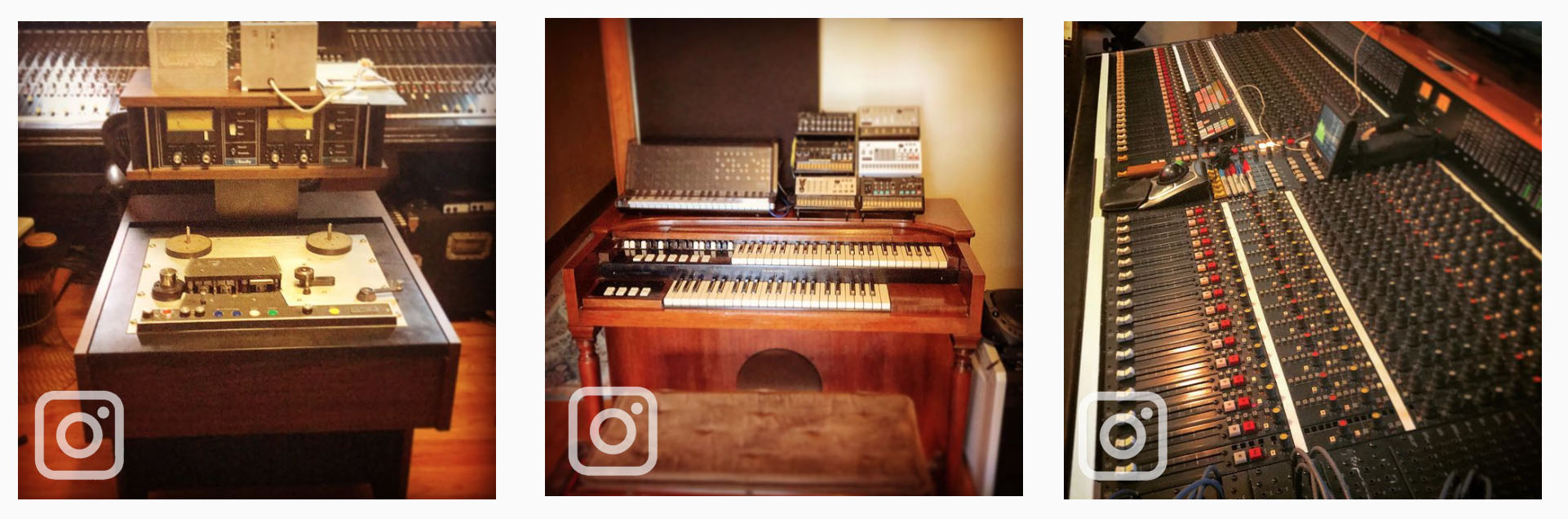 vintage tape machine, Hammond organ and large recording console, each image from Curio Recording Instagram